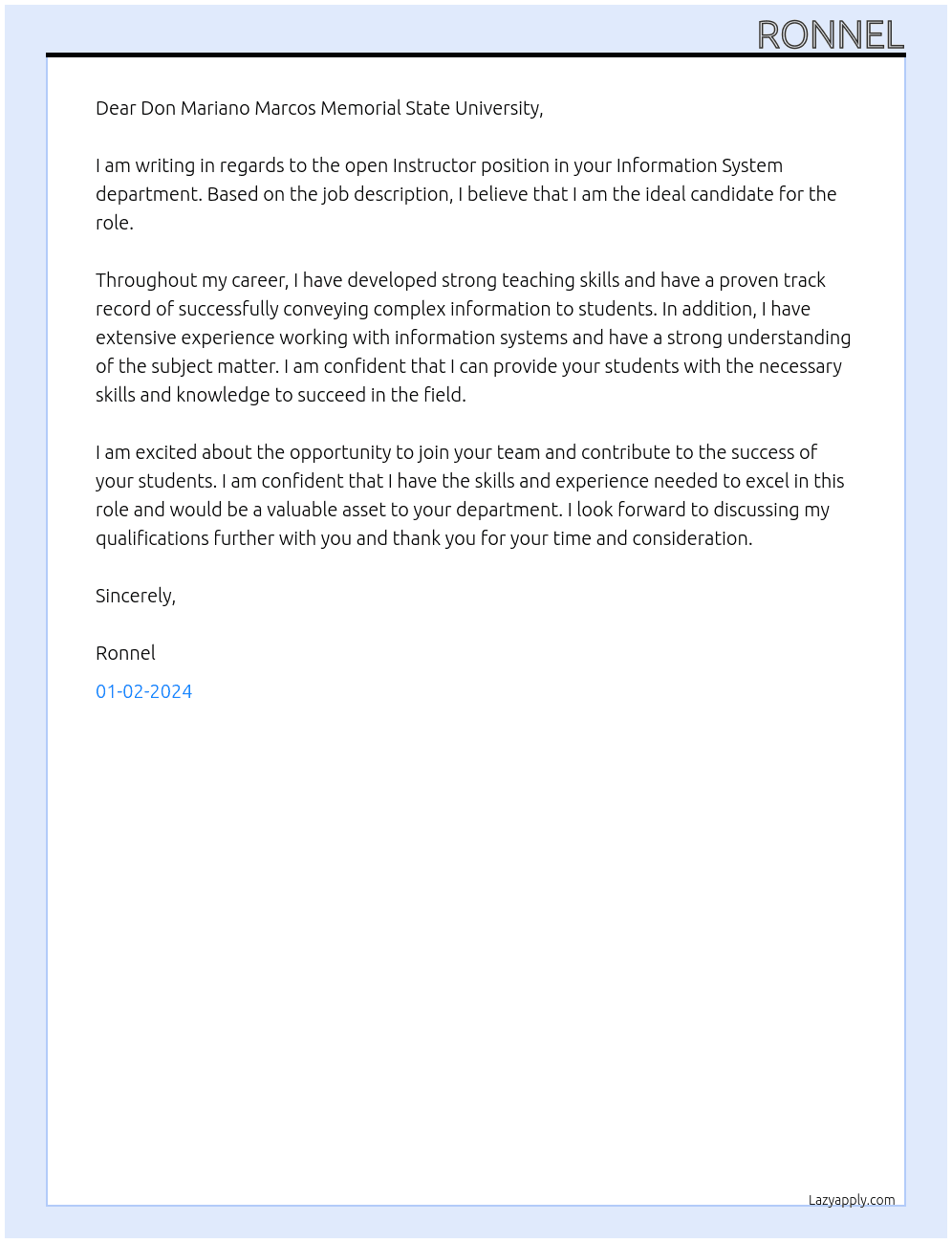 Instructor in Information System At Don Mariano Marcos Memorial State University Cover Letter