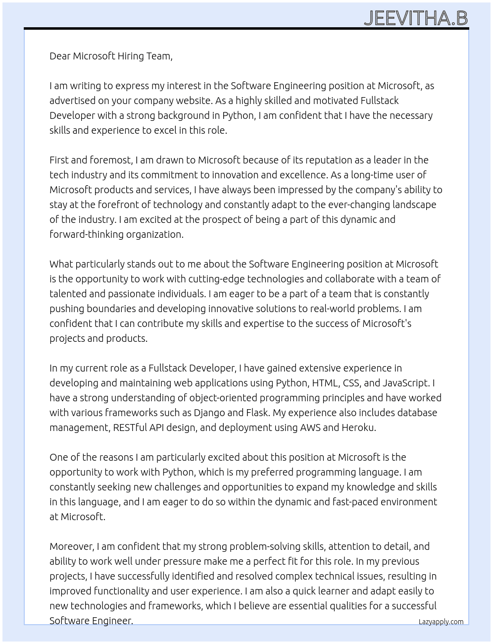 Software engineering  At Microsoft  Cover Letter