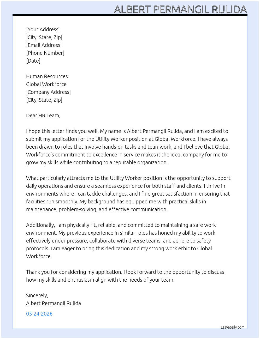 utility worker At Global workforce Cover Letter