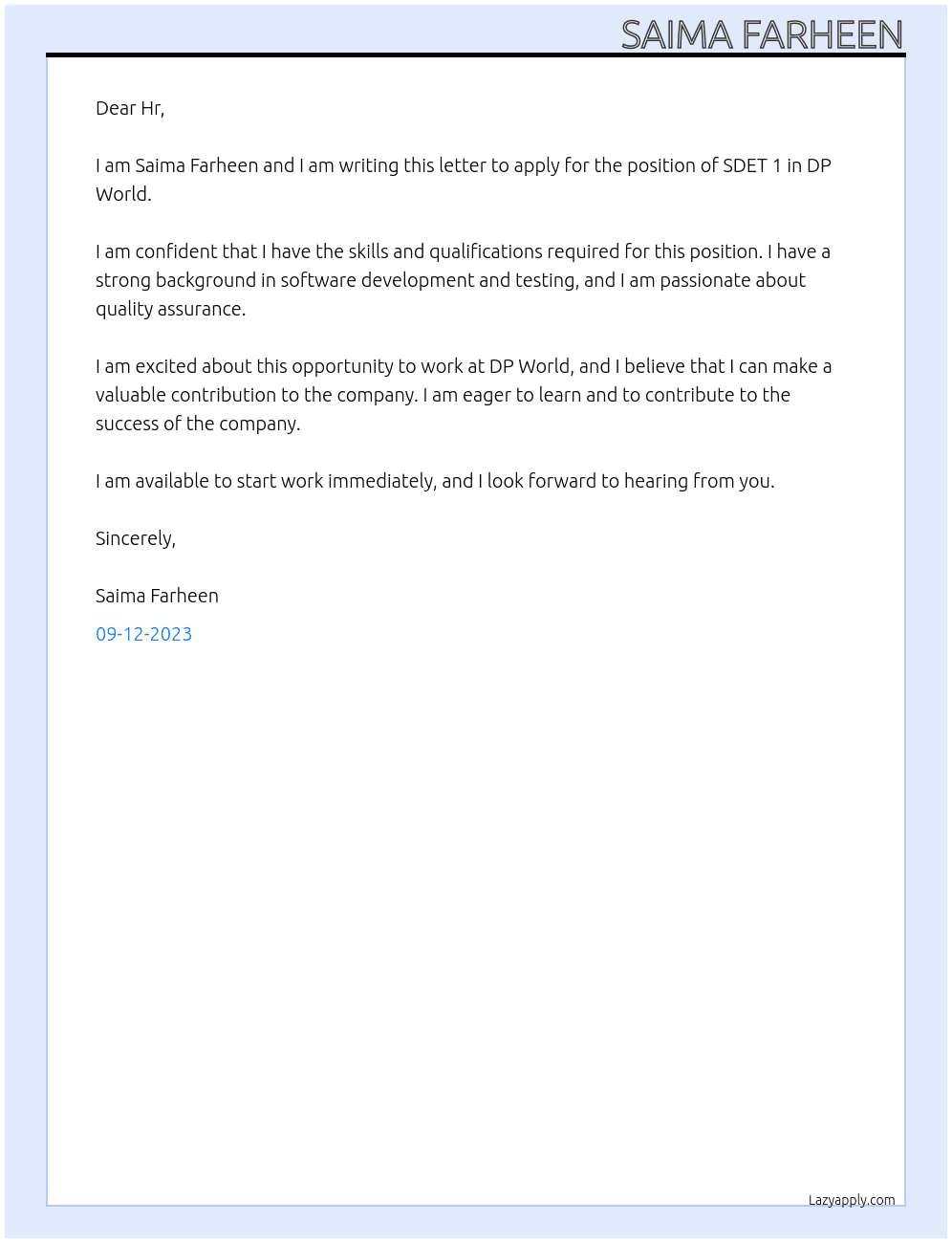 SDET 1 At DP World Cover Letter