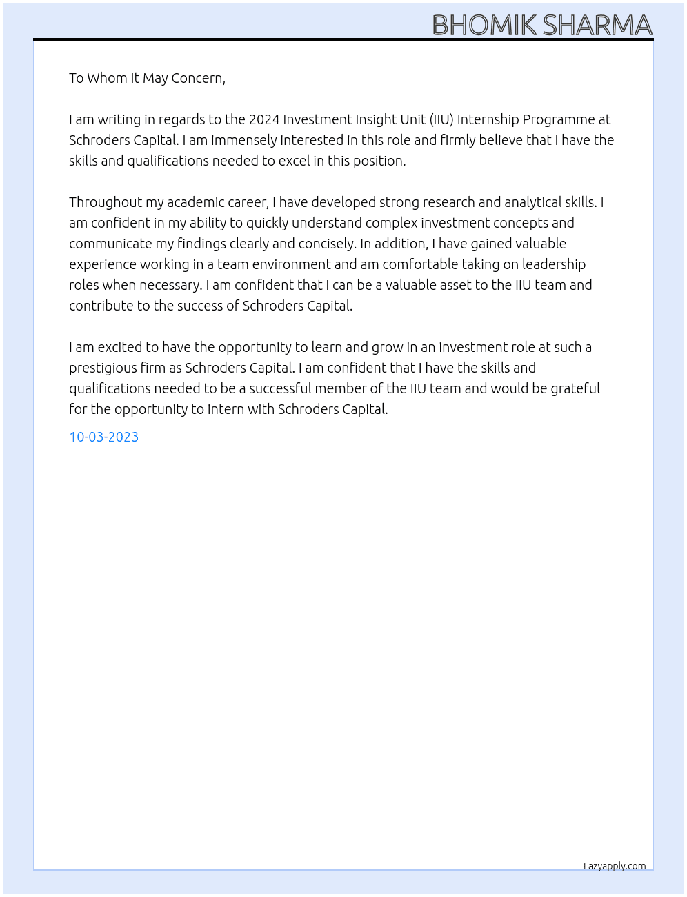 2024 Investment Insight Unit (IIU) Internship Programme At Schroders Capital Cover Letter