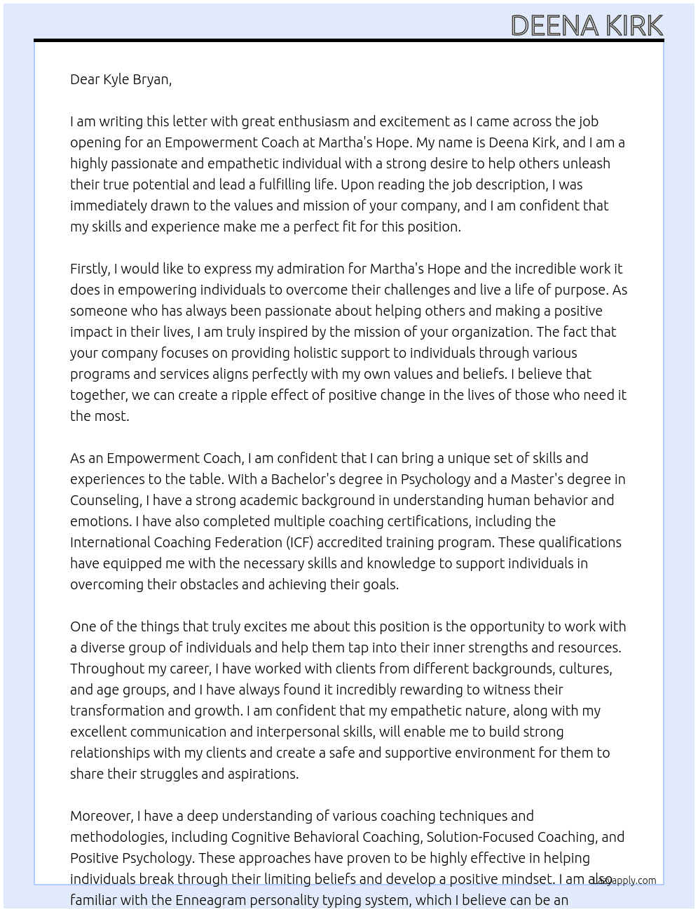 Cover letter for empowerment coach - LazyApply