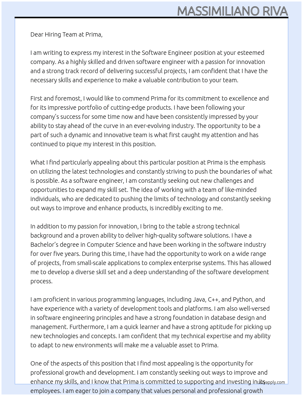 Software Engineer At Prima Cover Letter