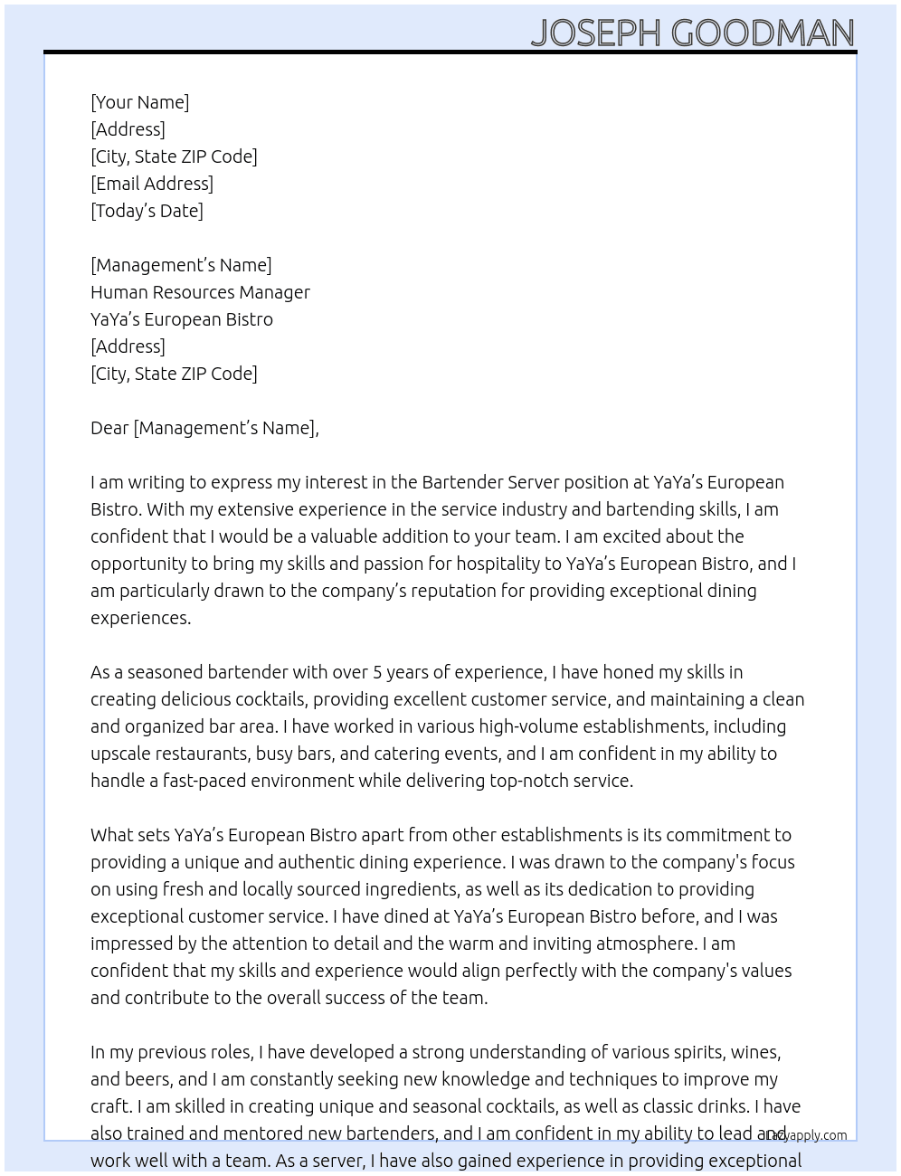 Bartender Server At YaYa's European Bistro Cover Letter