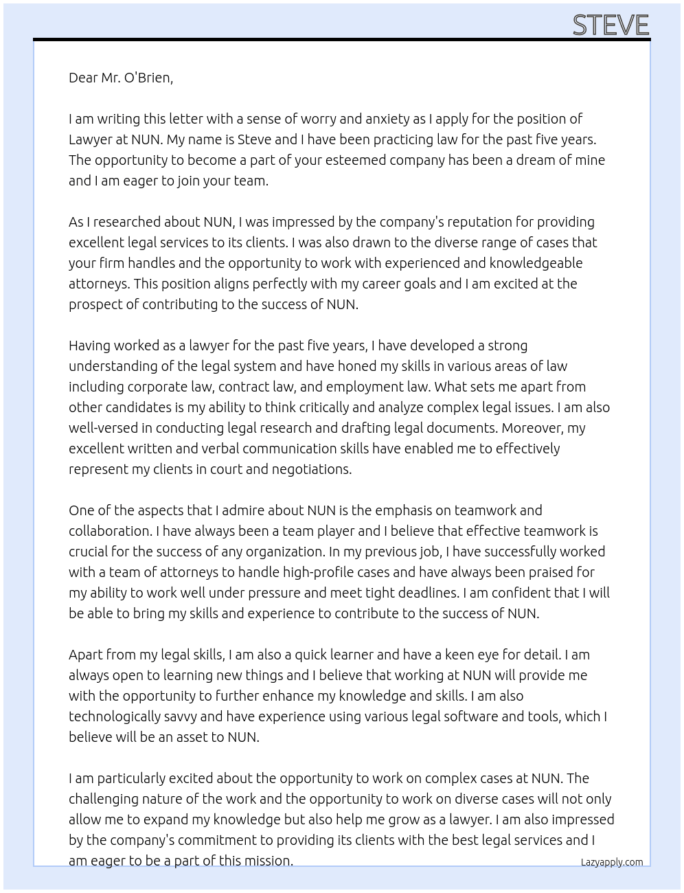 Lawyer At NUN Cover Letter