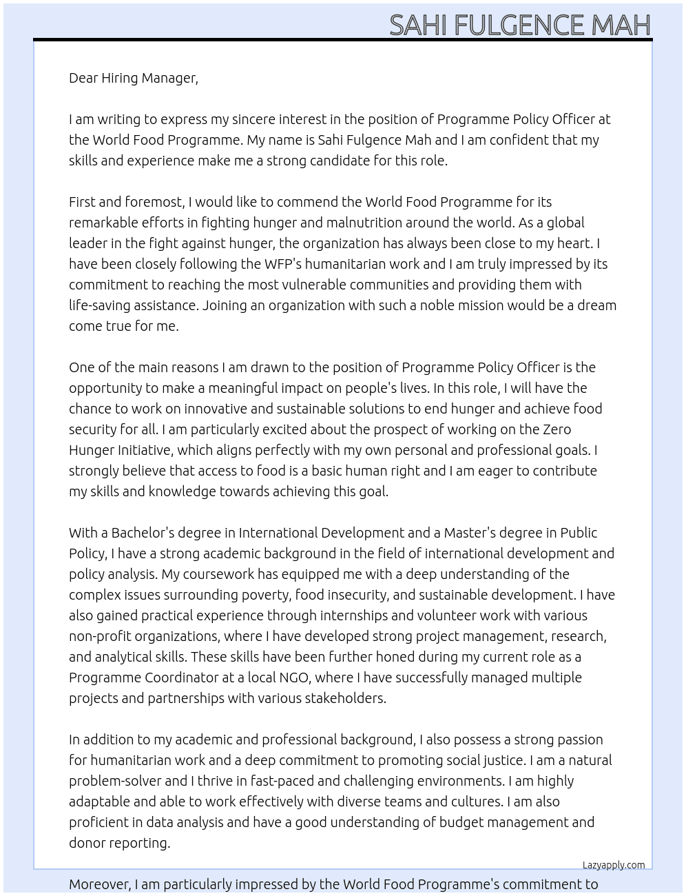 PROGRAMME POLICY OFFICER At WORLD FOOD PROGRAMME Cover Letter