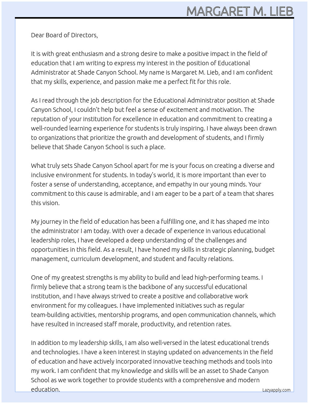 educational administrator At Shade Canyon School Cover Letter