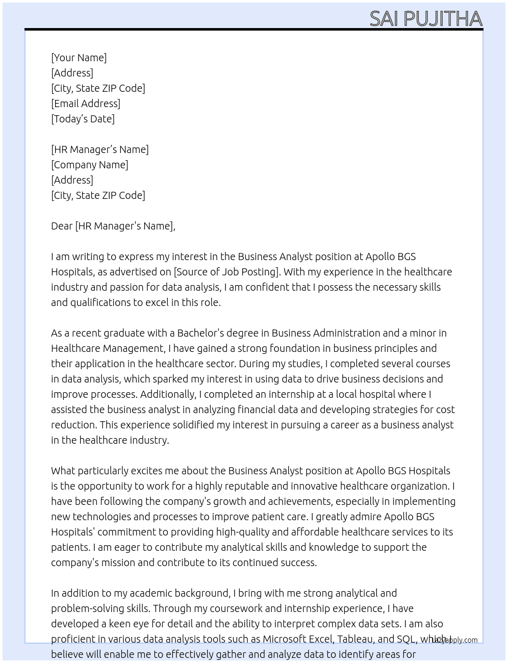 business analyst At Apollo BGS Hospitals Cover Letter