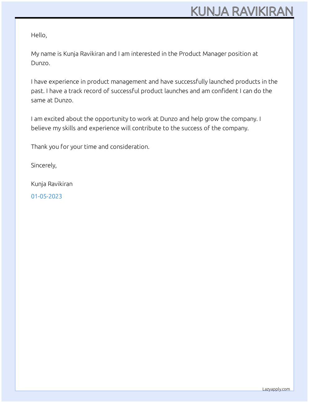 Product Manager  At Dunzo Cover Letter
