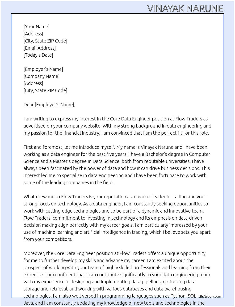 Cover letter for core data engineer - LazyApply