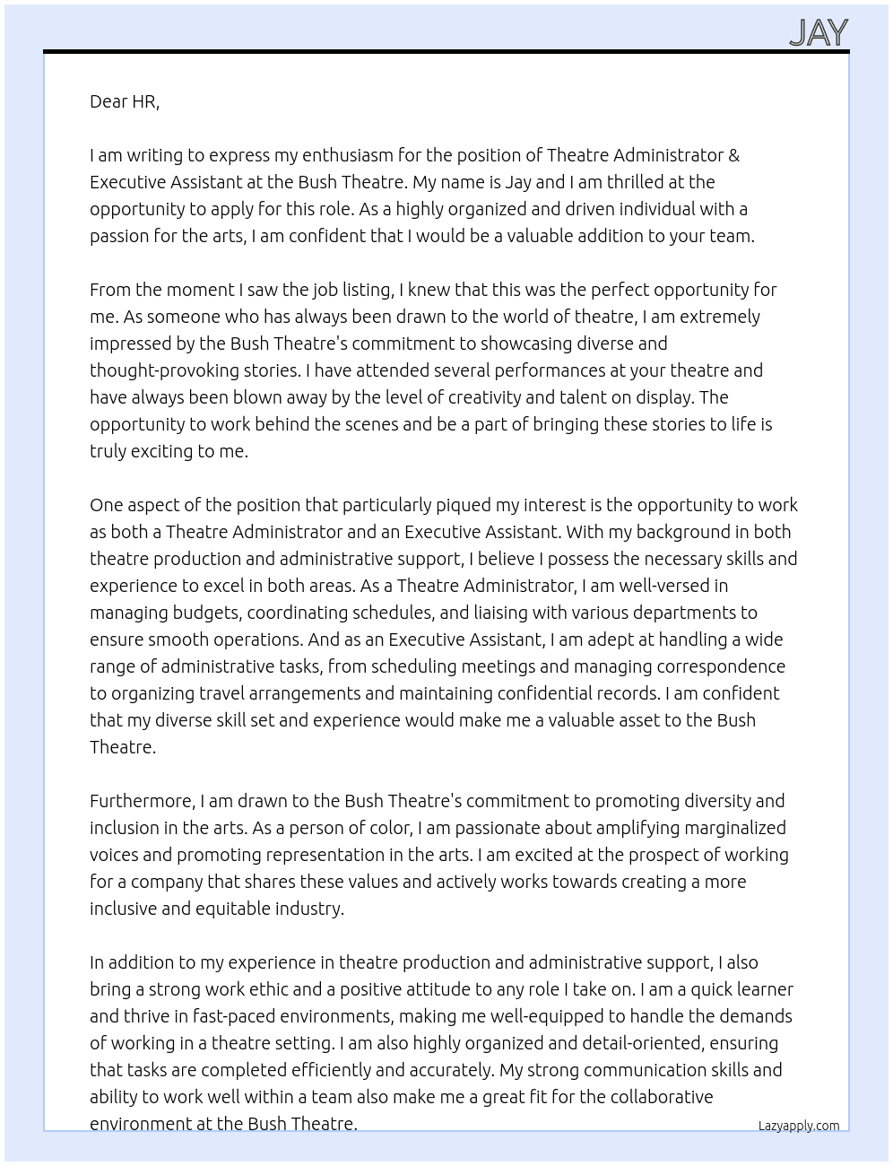 Theatre Administrator & Executive Assistant At Bush Theatre Cover Letter