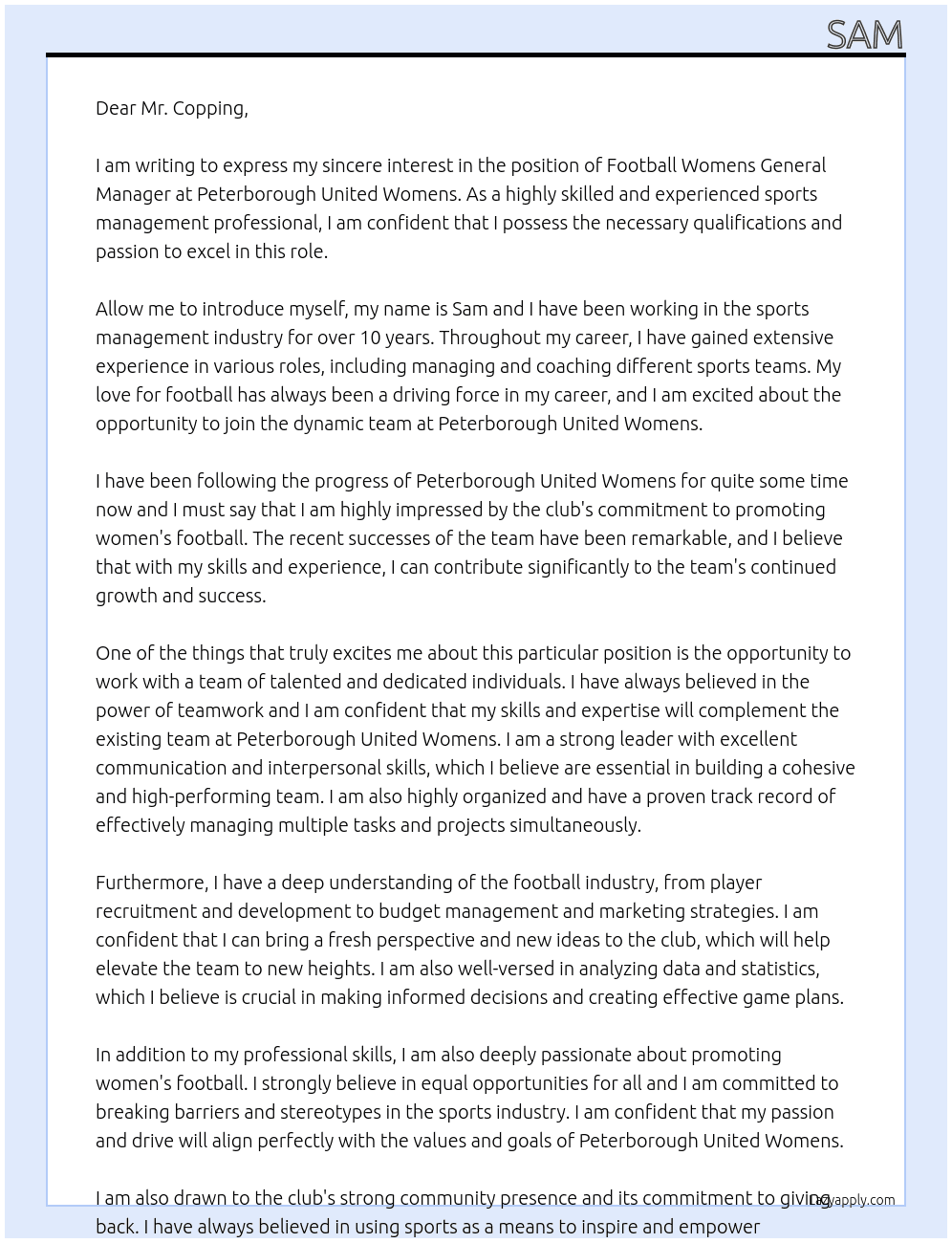 football womens general manager At Peterborough United Womens Cover Letter