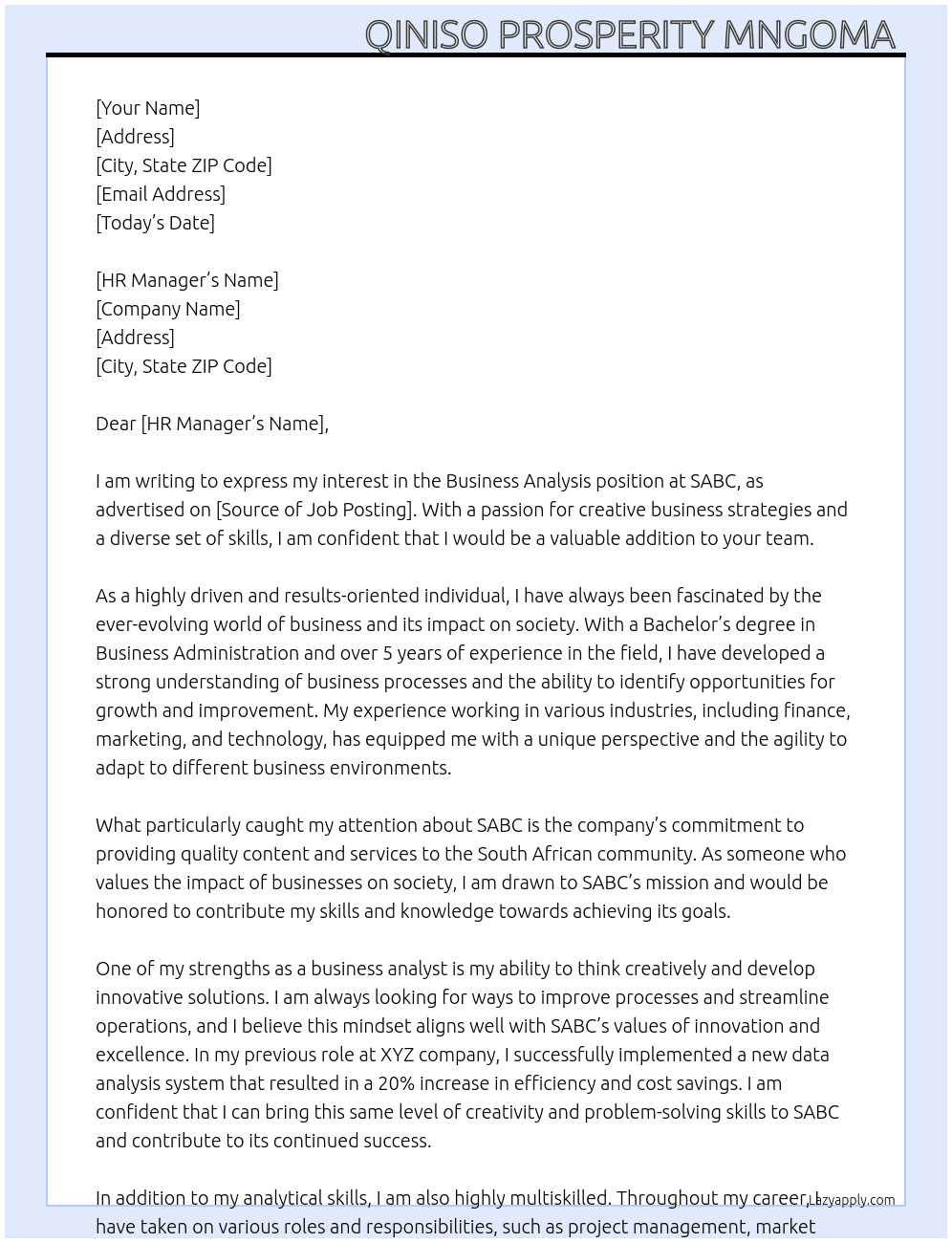 Business Analysis At SABC Cover Letter
