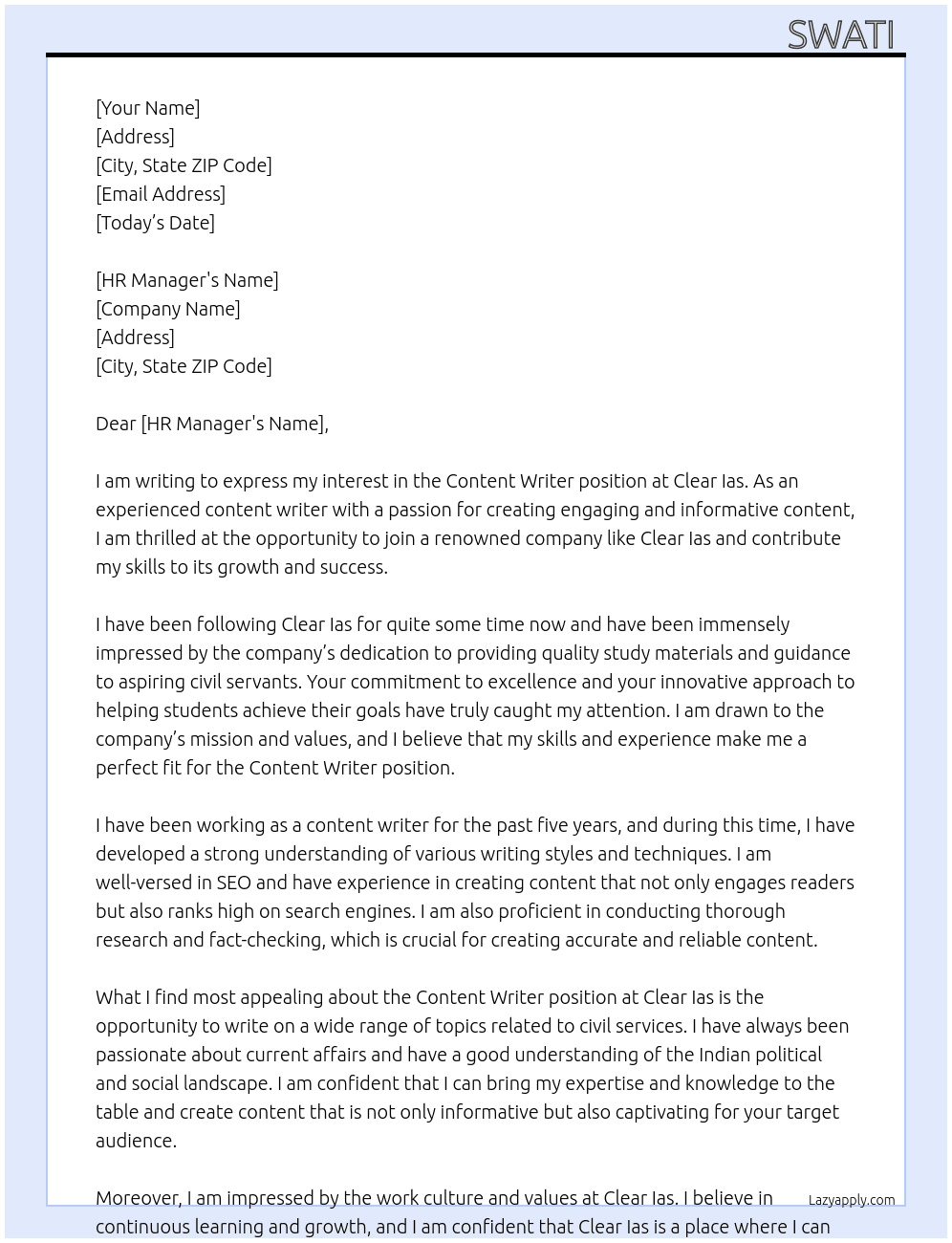 Content writer At Clear Ias Cover Letter