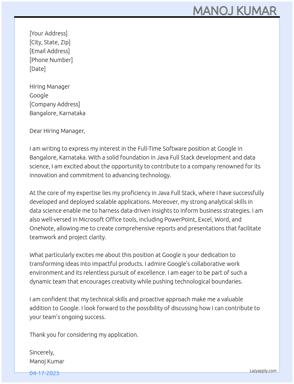 Software  At Google  Cover Letter