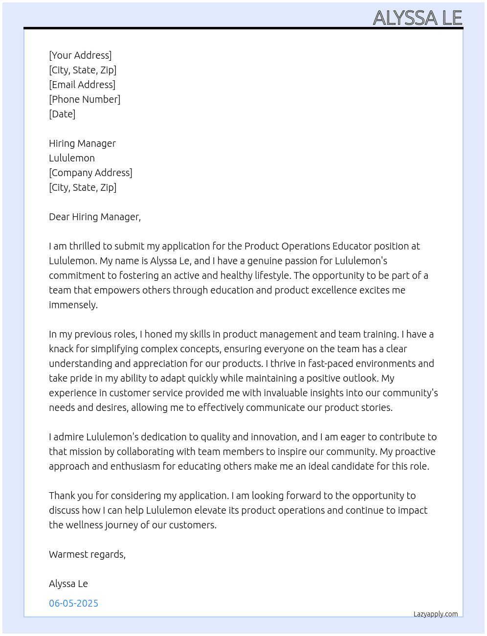 Product Operations Educator  At Lululemon Cover Letter