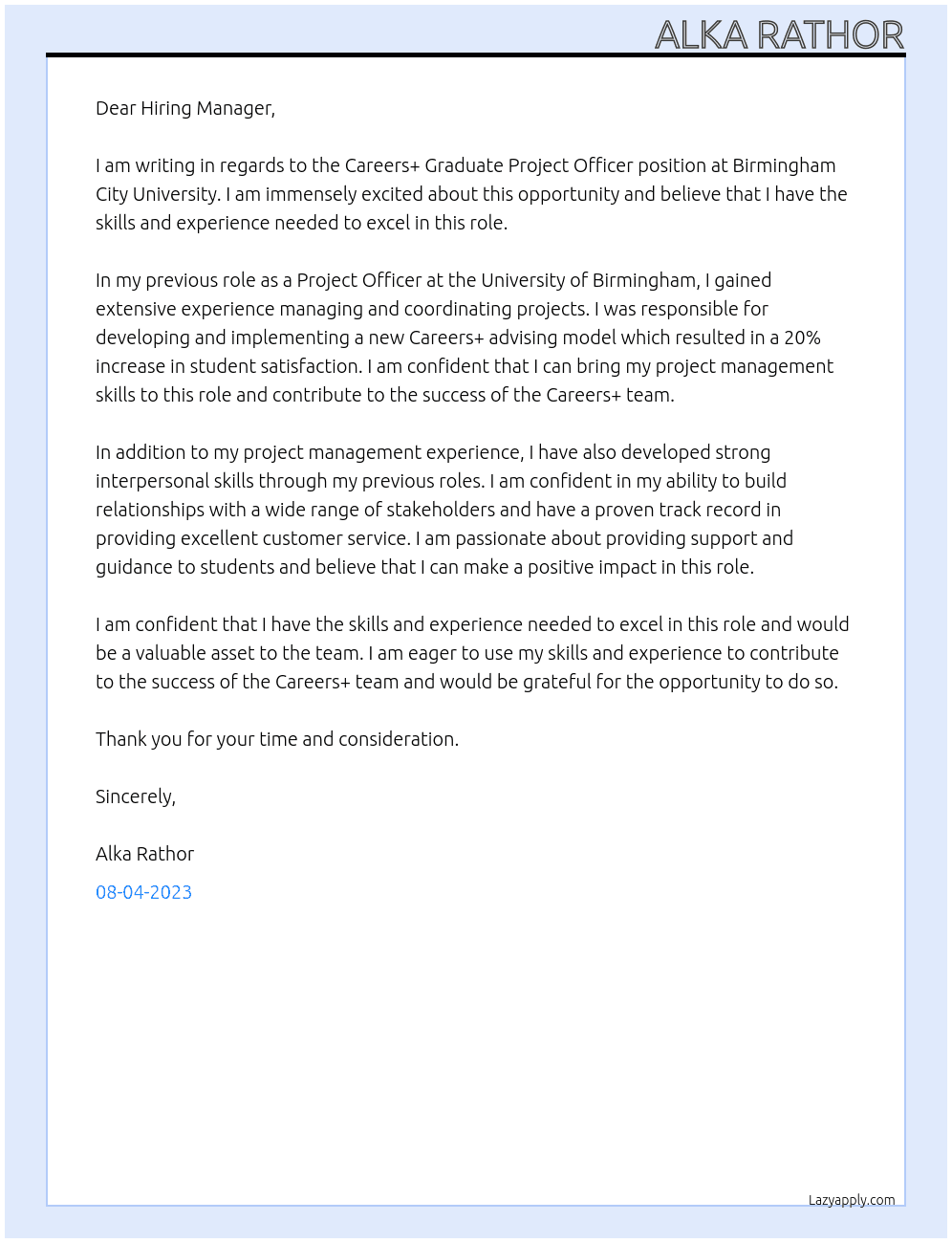 Careers+ Graduate Project Officer At Birmingham City University Cover Letter