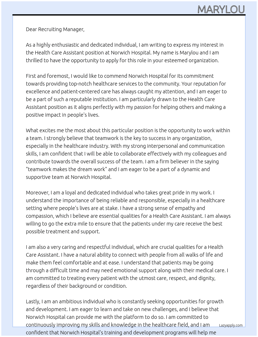 Health care assistant At Norwich hospital  Cover Letter