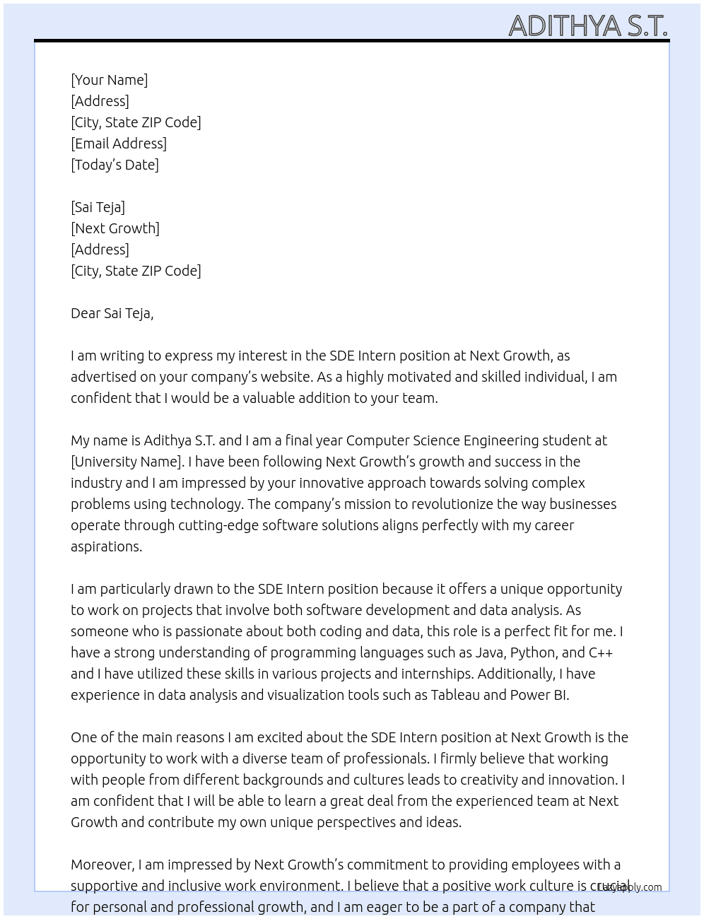 SDE Intern At Next Growth Cover Letter