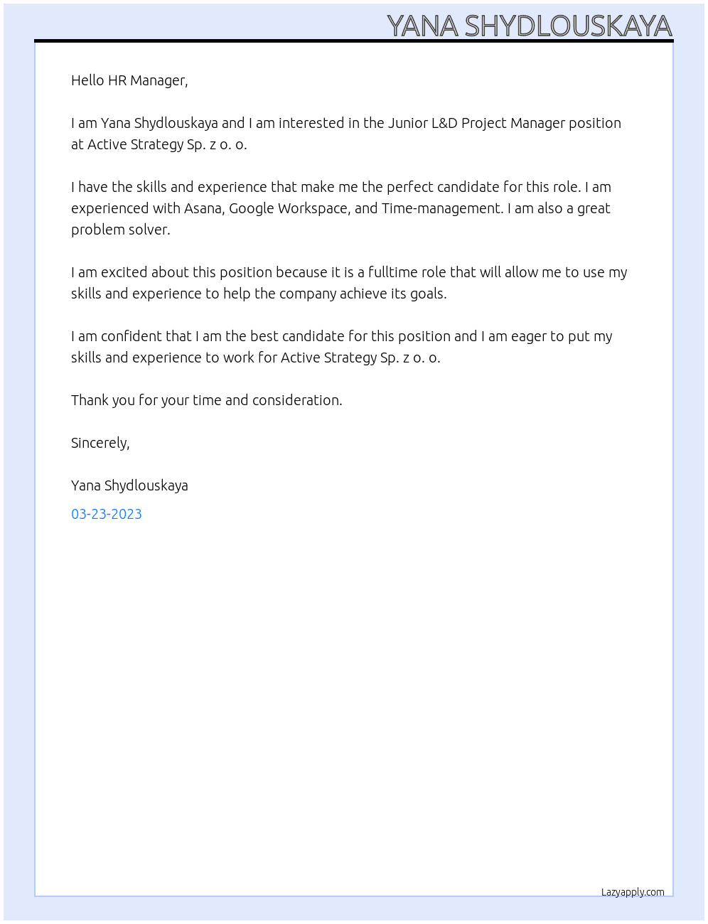 Junior L&D Project Manager At Active Strategy Sp. z o. o. Cover Letter