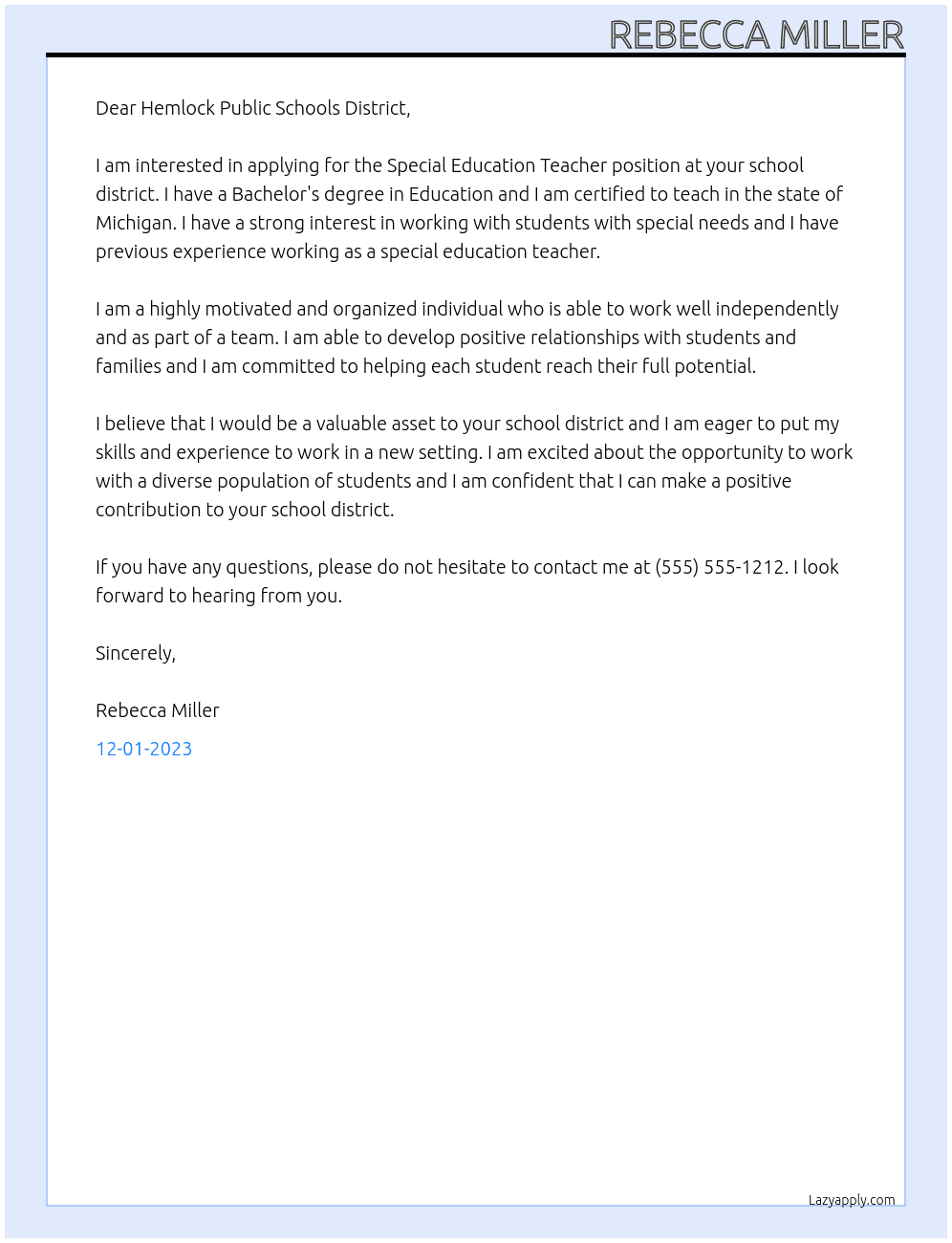 Special Education Teacher At Special Education Teacher Hemlock Public Schools Cover Letter