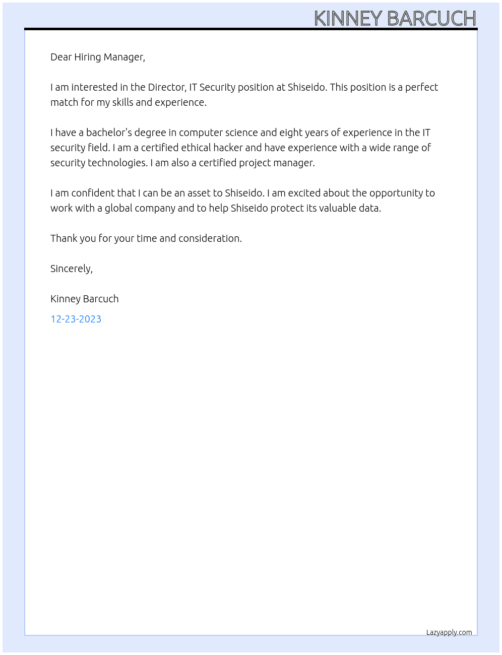 Director, IT Security  At Shiseido Cover Letter