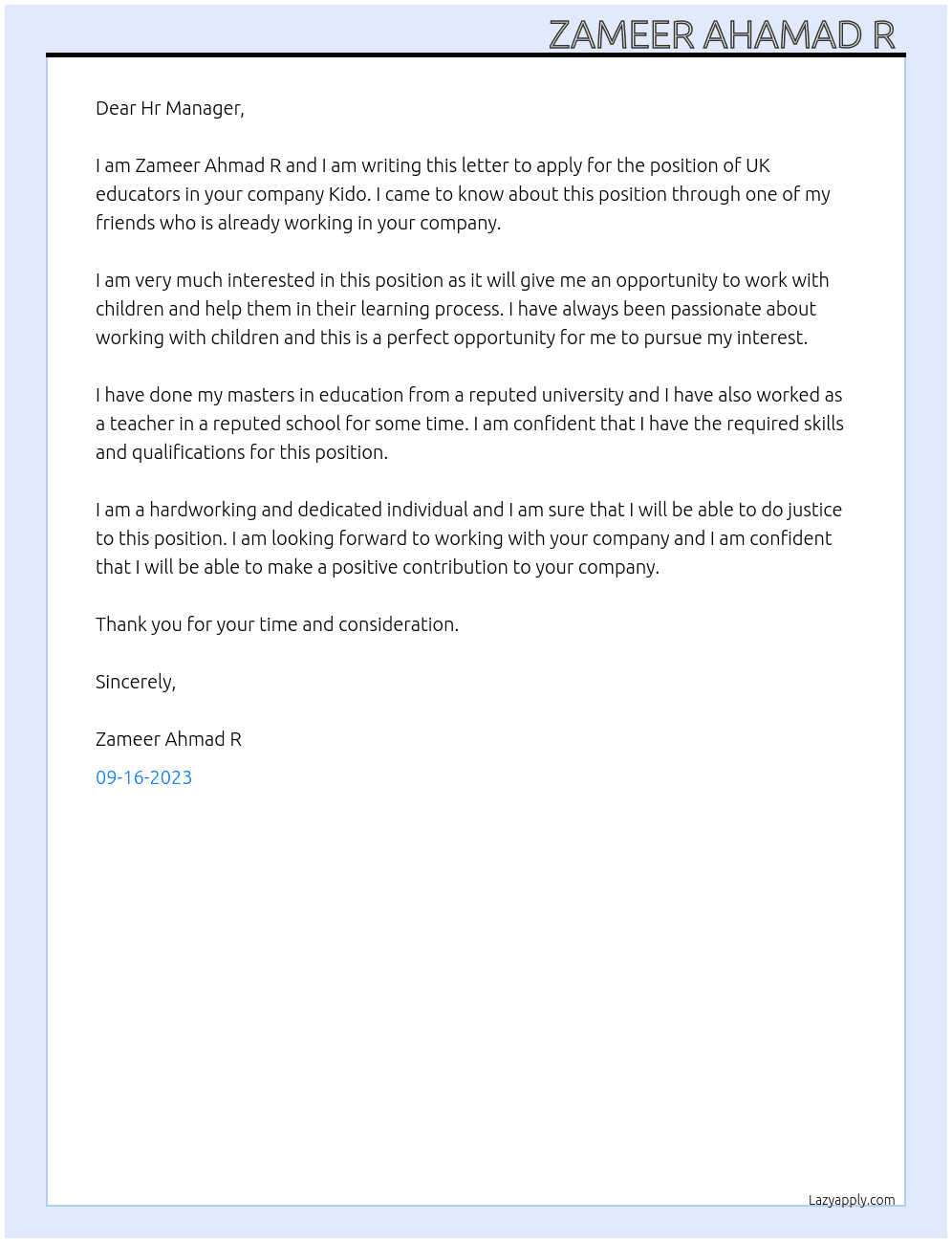 Uk educators  At Kido Cover Letter