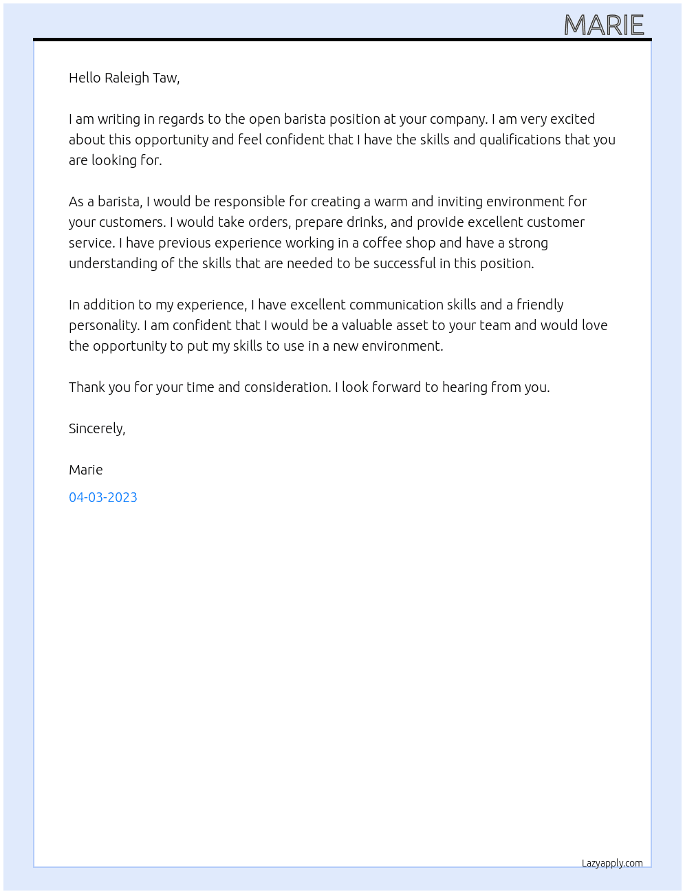 Barista  At Raleigh Taw Cover Letter