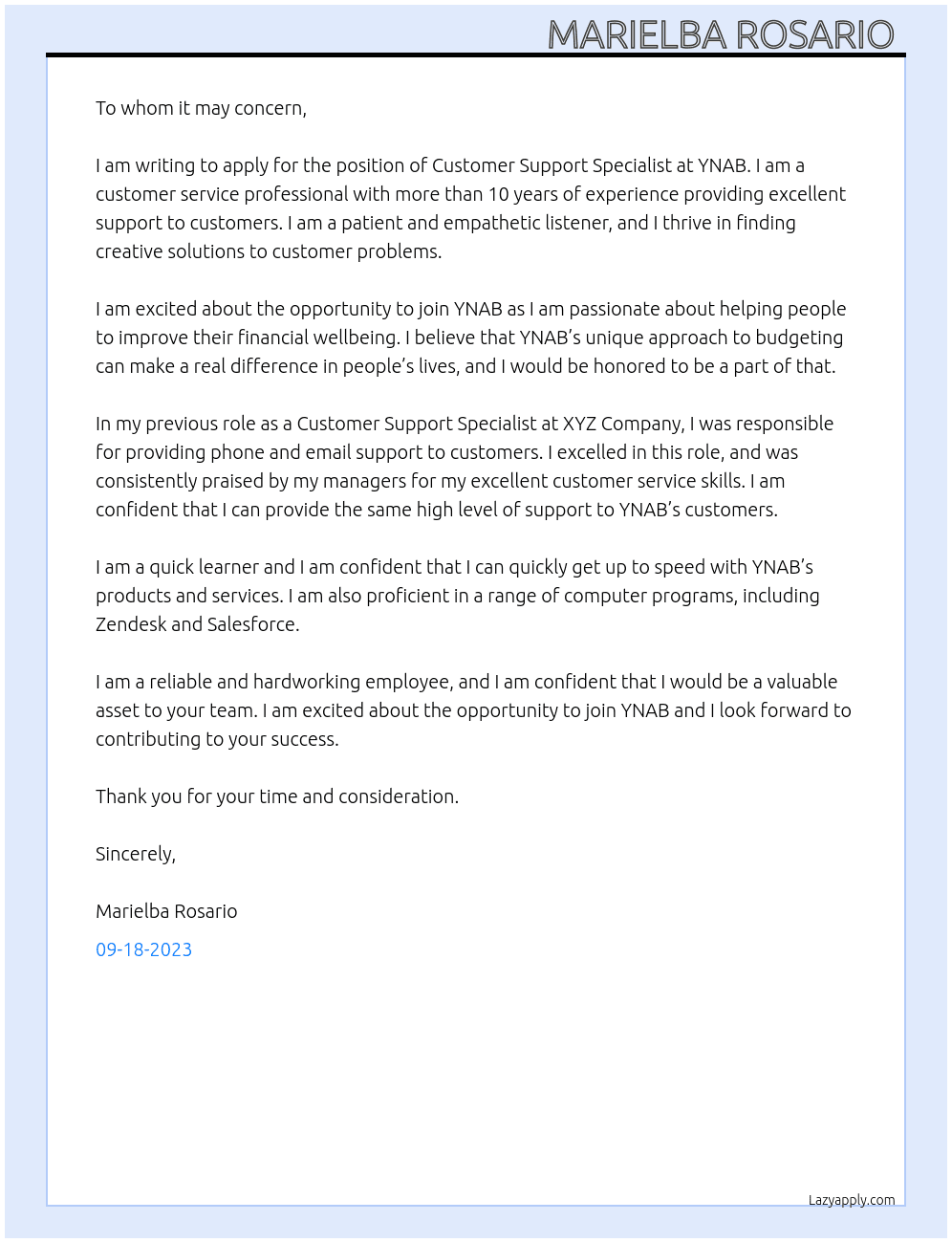 Customer Support Specialist  At YNAB Cover Letter