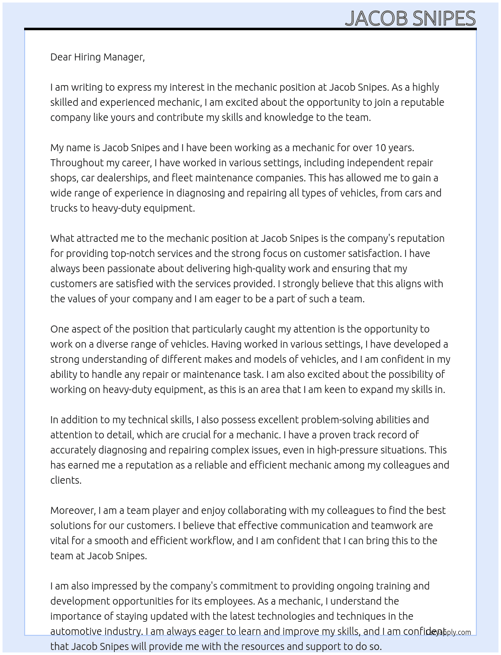 mechanic  At Jacob Snipes Cover Letter