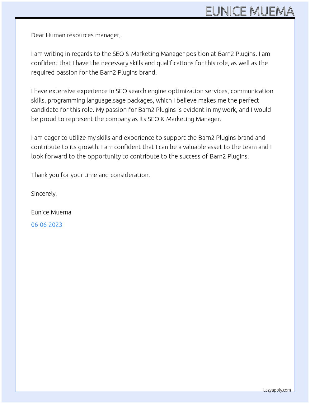SEO & Marketing Manager at Barn2 Plugins At Barn2 plugin Cover Letter