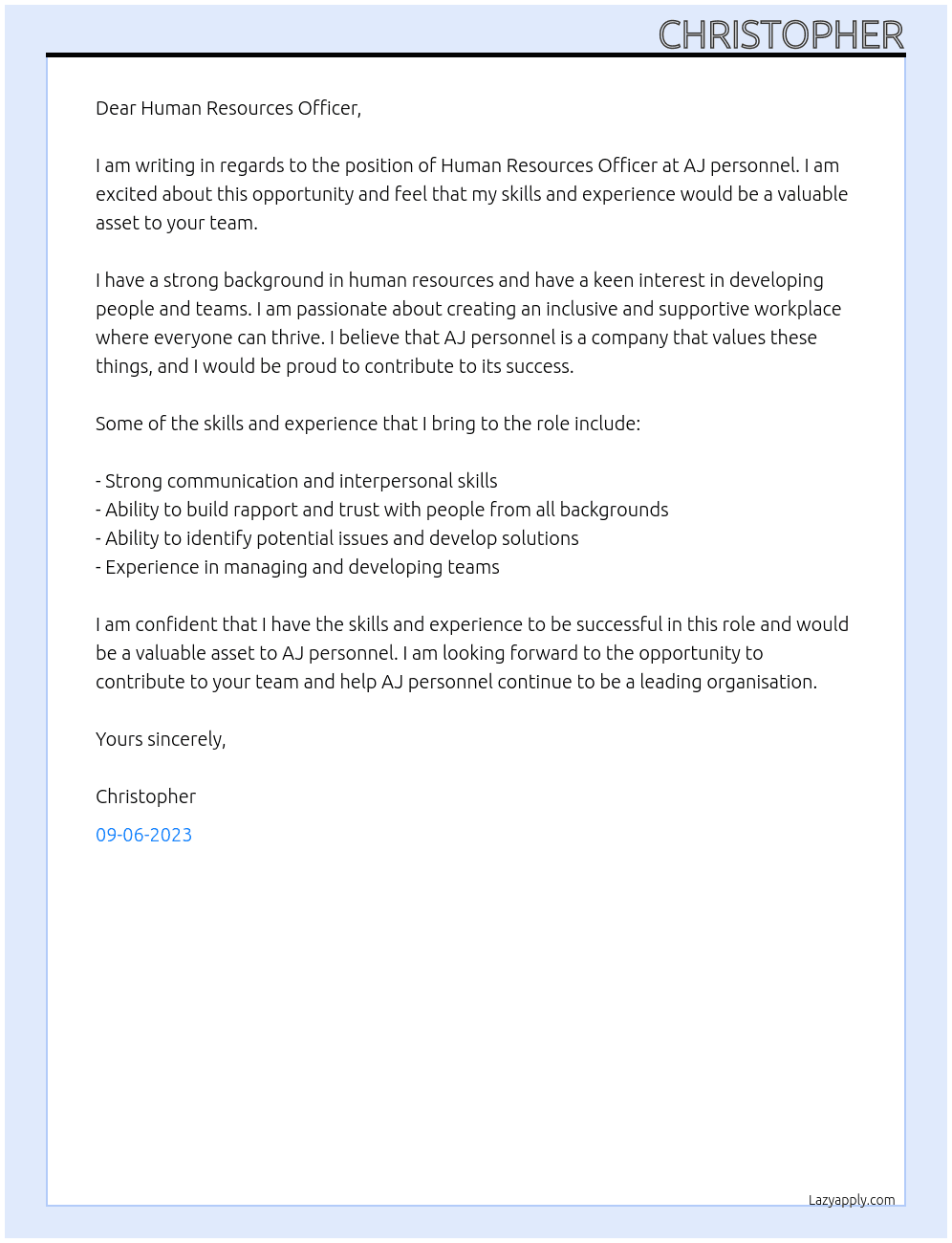 Human resources officer At AJ personnel Cover Letter