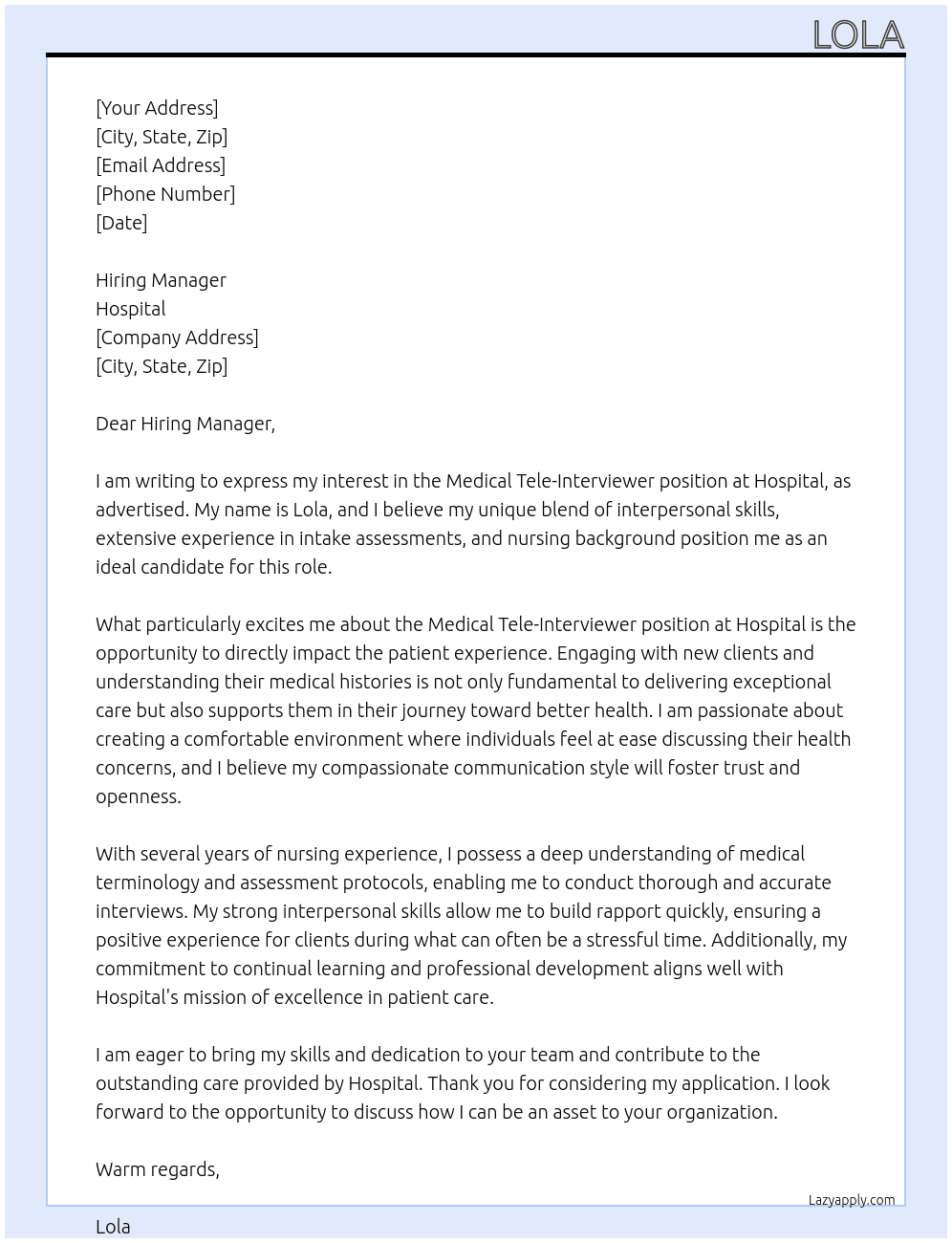 Medical tele-interviewer At Hospital Cover Letter