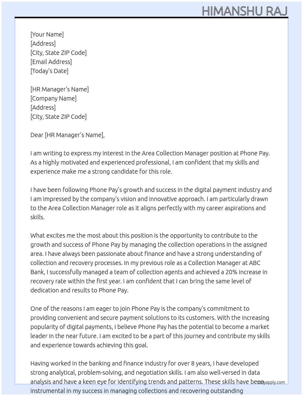Cover letter for area collection manager - LazyApply