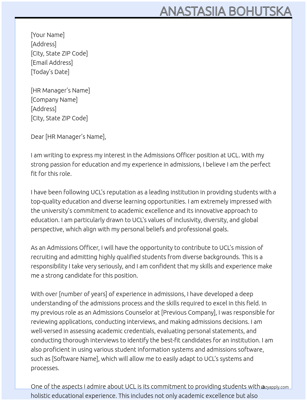 Admissions Officer At UCL Cover Letter