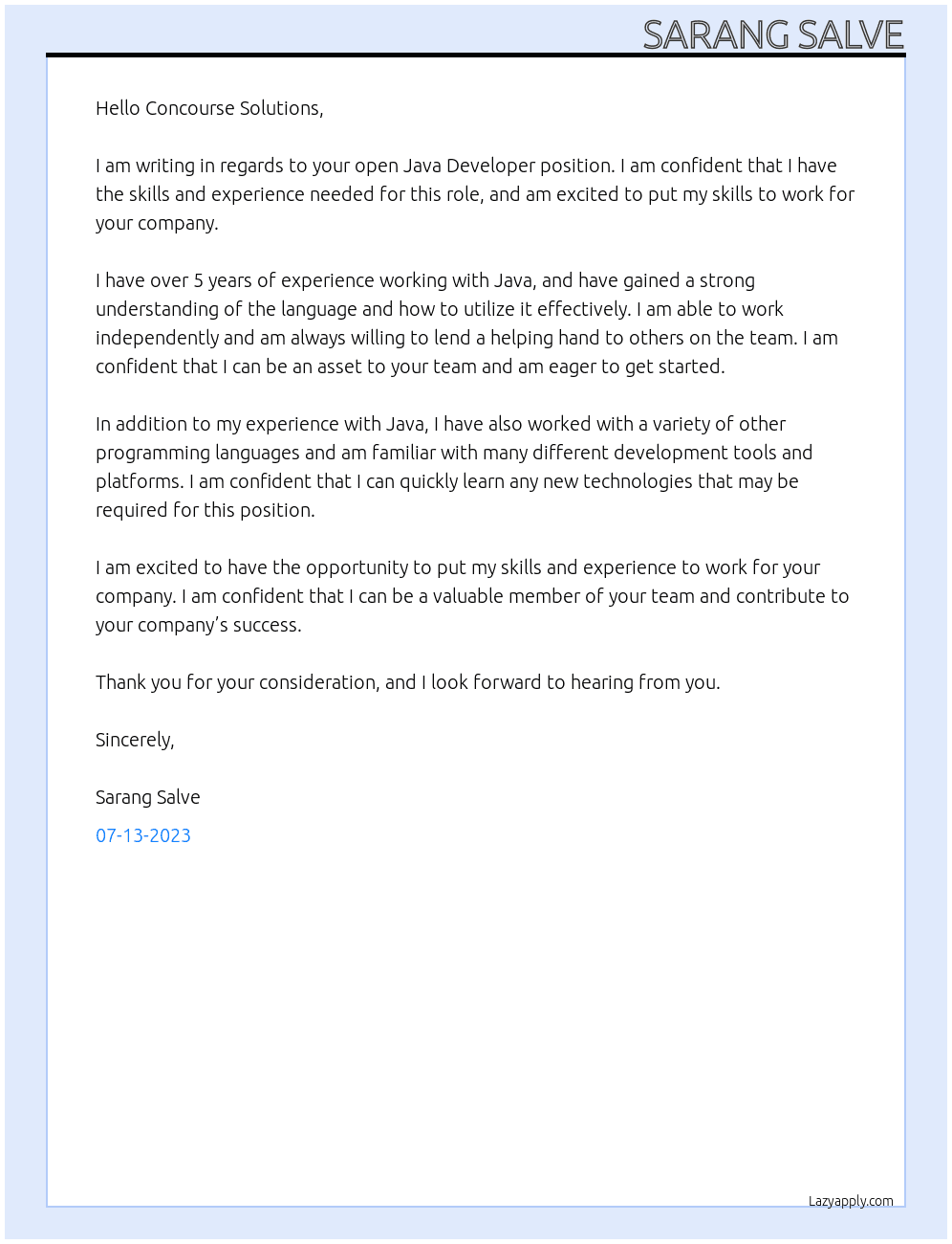 Java Develòper At Concourse Solutions Cover Letter