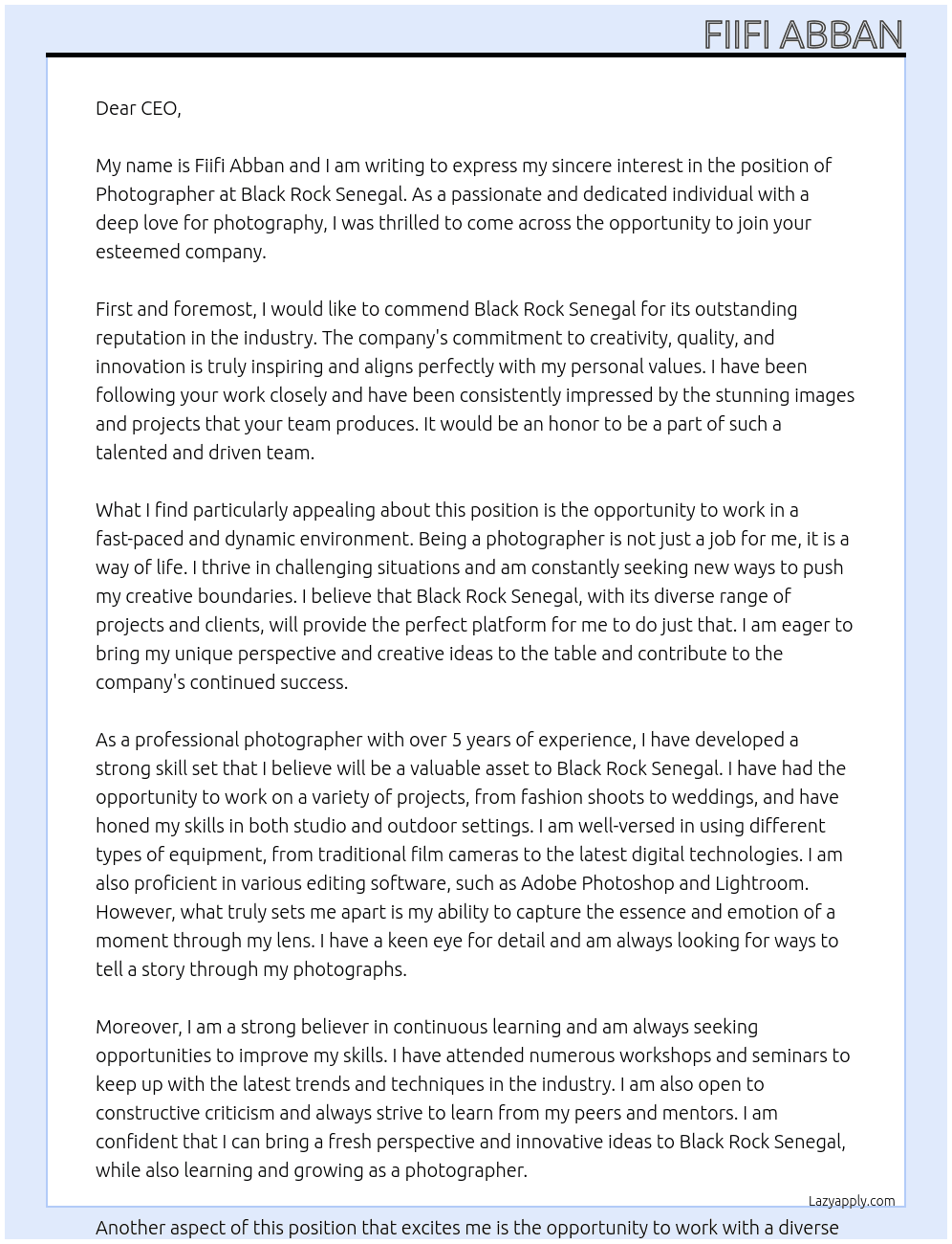 Photographer At Black Rock Senegal Cover Letter