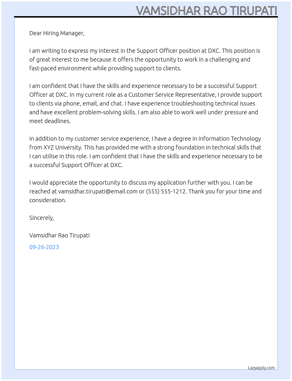Support Officer  At DXC Cover Letter