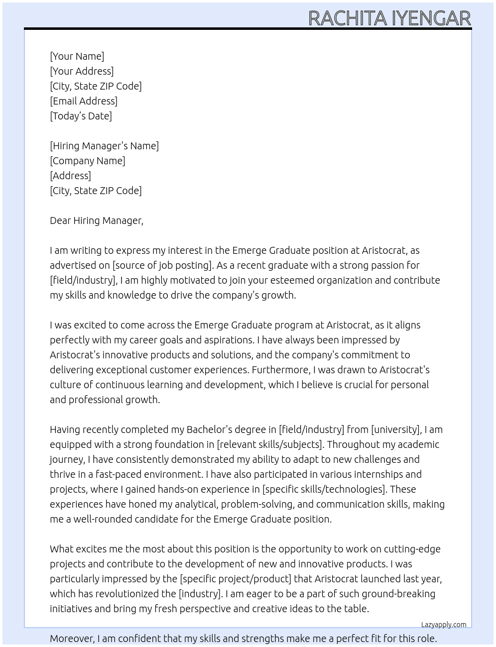 Emerge Graduate At Aristocrat Cover Letter