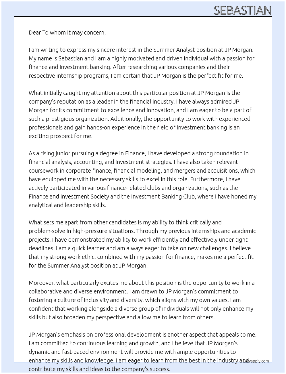 Summer Analyst At JP Morgan Cover Letter