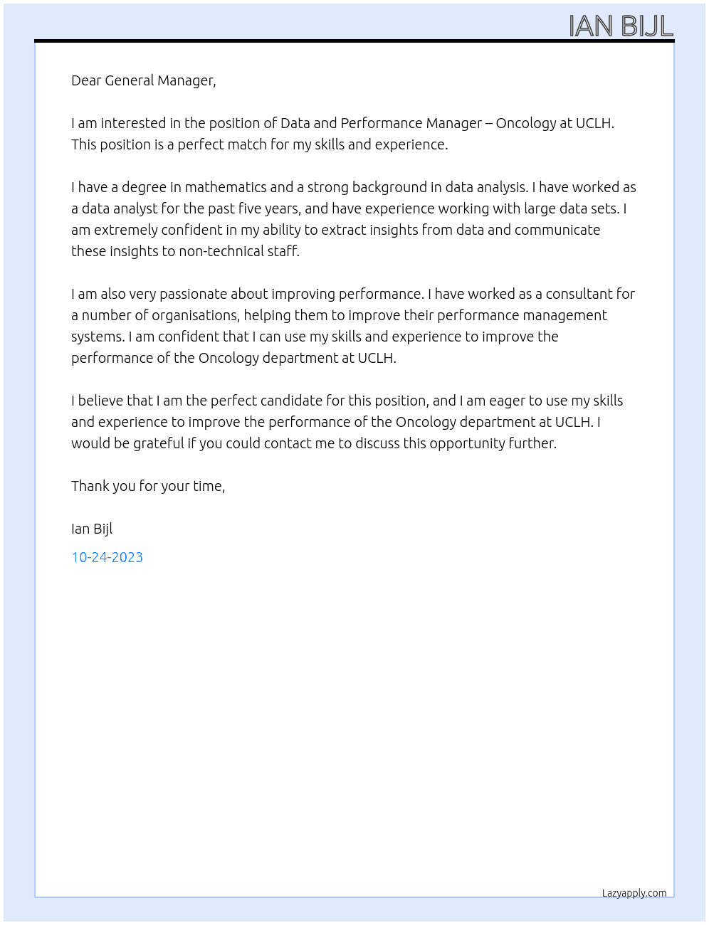Data and Performance Manager – Oncology At UCLH Cover Letter