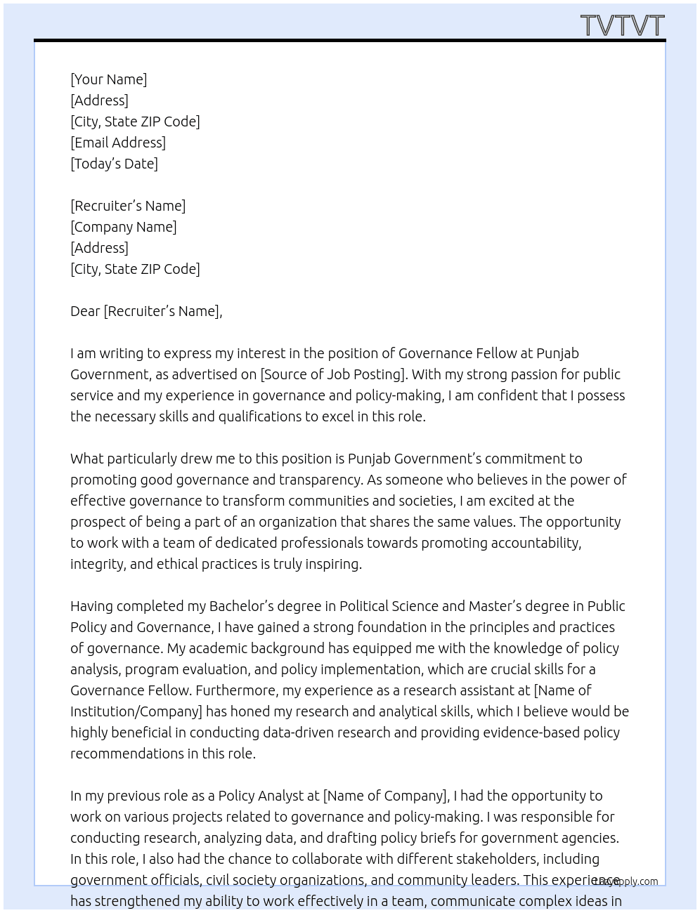 Governance Fellow  At Punjab Government  Cover Letter