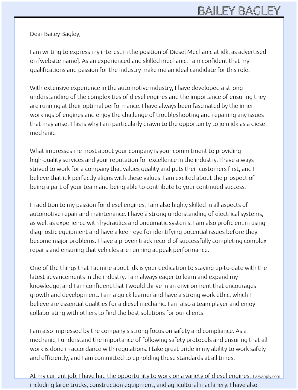 Diesel mechanic  At idk Cover Letter
