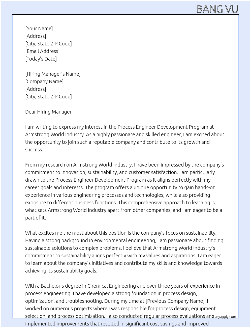Process Engineer Development Program At Armstrong World Industry Cover Letter
