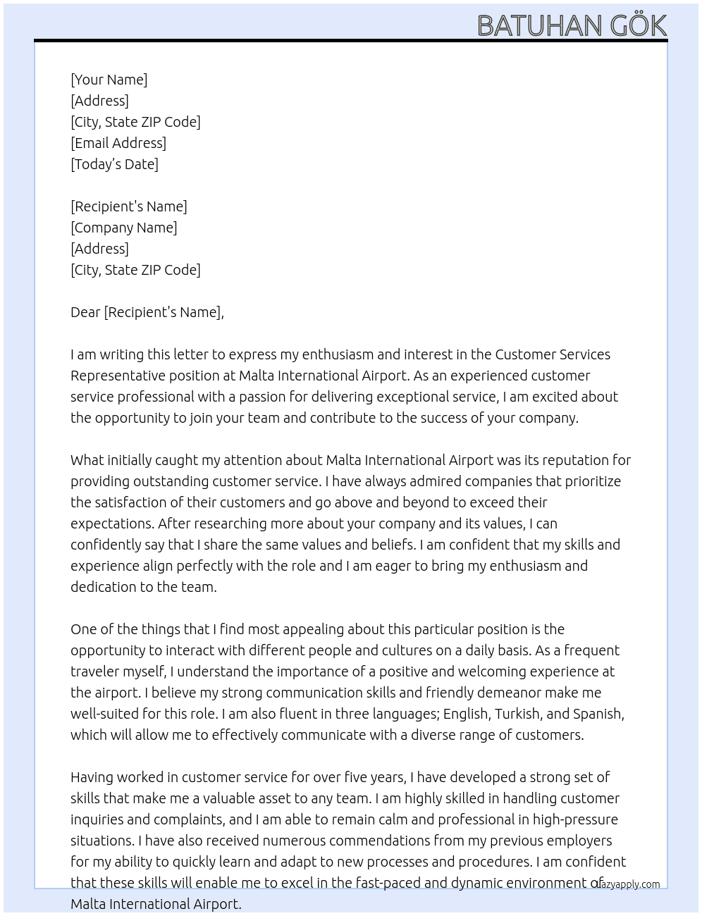 Customer Services Representative At Malta International Airport  Cover Letter