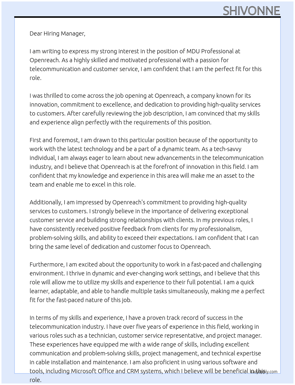 Mdu professional  At Openreach Cover Letter