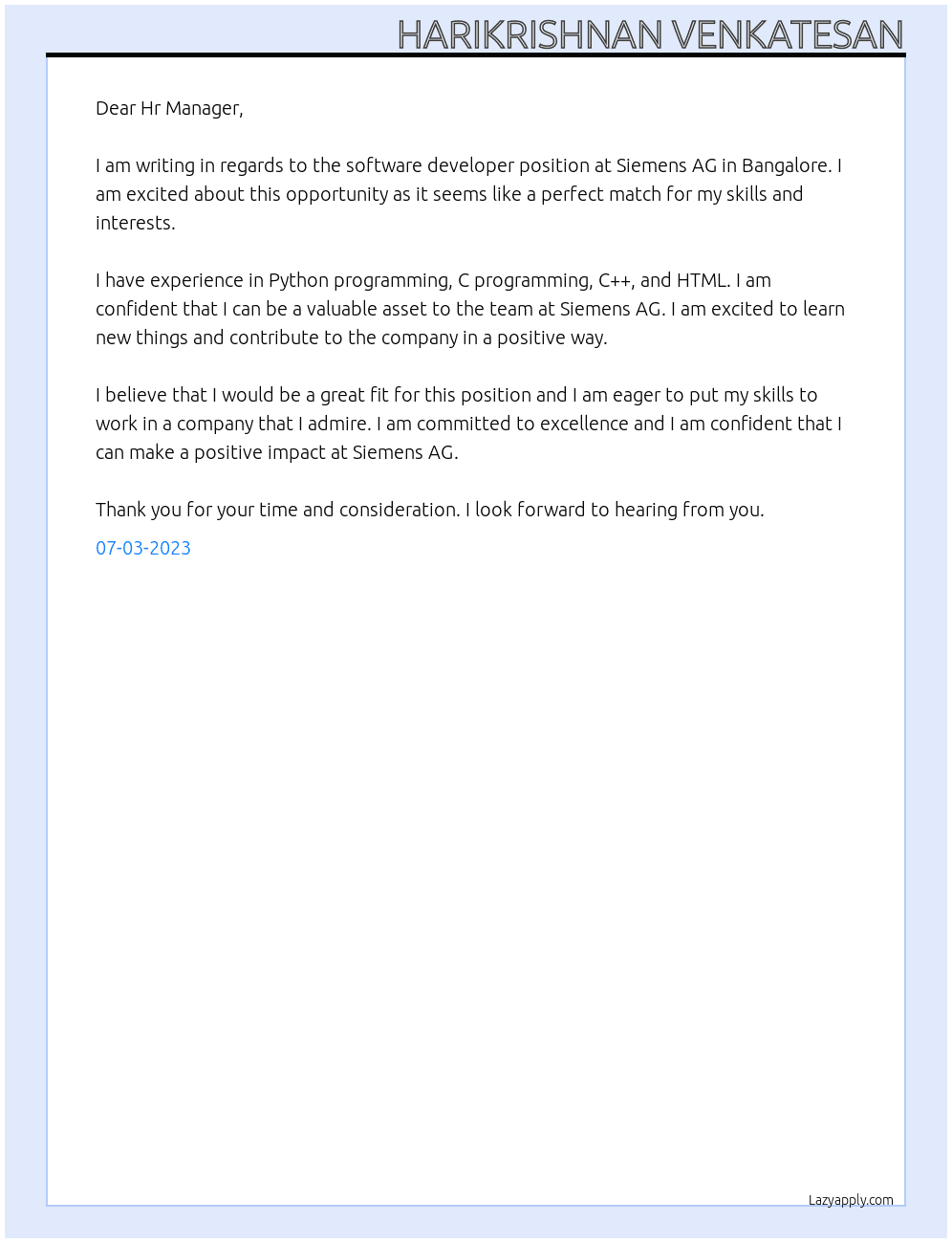 Software developer  At Siemens AG Cover Letter