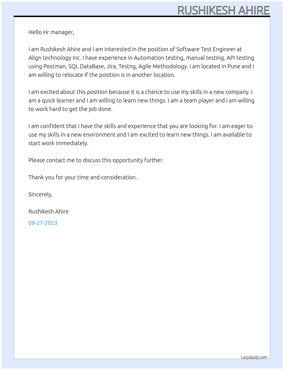 Software Test Engineer At Align technology Inc. Cover Letter