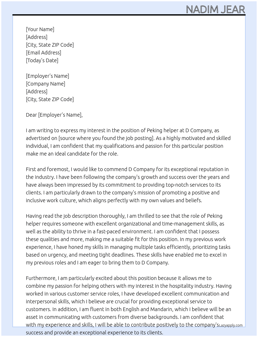 Peking helper  At D company  Cover Letter