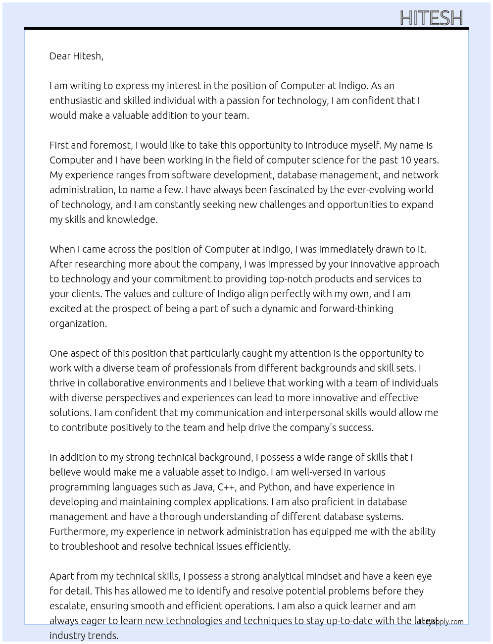 Computer  At Indigo  Cover Letter